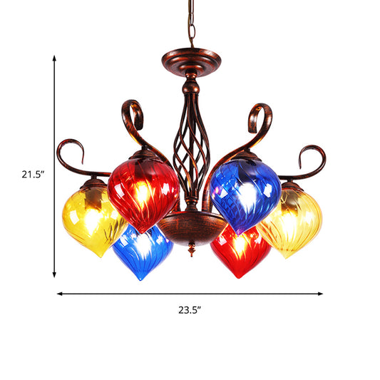 Red Brown Pine Chandelier Lamp Antique 6 Heads Colorful Glass Ceiling Pendant Light Clearhalo 'Ceiling Lights' 'Chandeliers' 'Close To Ceiling Lights' 'Glass shade' 'Glass' Lighting' 248104