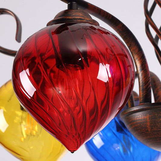 Red Brown Pine Chandelier Lamp Antique 6 Heads Colorful Glass Ceiling Pendant Light Clearhalo 'Ceiling Lights' 'Chandeliers' 'Close To Ceiling Lights' 'Glass shade' 'Glass' Lighting' 248105