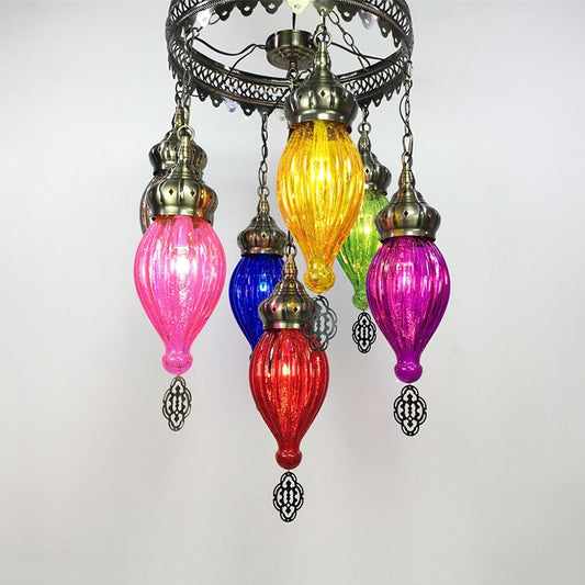 7 Bulbs Urn Ceiling Chandelier Tradition Colorful Glass Suspended Lighting Fixture in Bronze Clearhalo 'Ceiling Lights' 'Chandeliers' 'Glass shade' 'Glass' Lighting' 248107