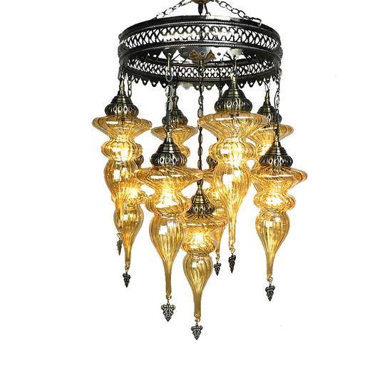 Traditional Curved Hanging Chandelier Colorful Glass 9 Bulbs Suspension Light in Bronze Clearhalo 'Ceiling Lights' 'Chandeliers' 'Glass shade' 'Glass' Lighting' 248117