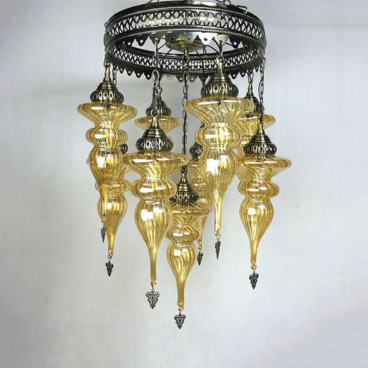 Traditional Curved Hanging Chandelier Colorful Glass 9 Bulbs Suspension Light in Bronze Clearhalo 'Ceiling Lights' 'Chandeliers' 'Glass shade' 'Glass' Lighting' 248119