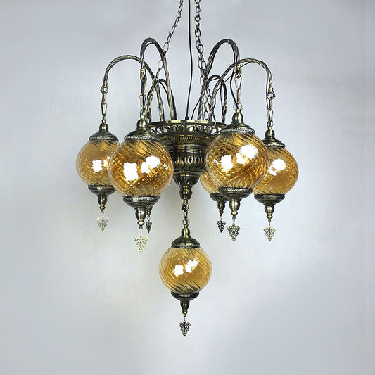 Globe Chandelier Vintage Amber Swirl Glass 7 Bulbs Pendant Light Fixture for Coffee House Clearhalo 'Ceiling Lights' 'Chandeliers' 'Close To Ceiling Lights' 'Glass shade' 'Glass' Lighting' 248122