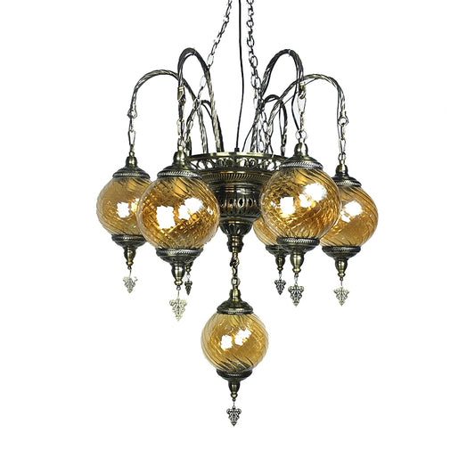 Globe Chandelier Vintage Amber Swirl Glass 7 Bulbs Pendant Light Fixture for Coffee House Clearhalo 'Ceiling Lights' 'Chandeliers' 'Close To Ceiling Lights' 'Glass shade' 'Glass' Lighting' 248123