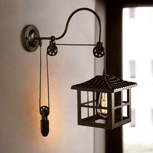Square/Rectangle Cage Indoor Wall Lamp Farmhouse Style Metal 1 Light Black Wall Mounted Light with Pulley Black Square Clearhalo 'Art deco wall lights' 'Cast Iron' 'Glass' 'Industrial wall lights' 'Industrial' 'Middle century wall lights' 'Modern' 'Rustic wall lights' 'Tiffany' 'Traditional wall lights' 'Wall Lamps & Sconces' 'Wall Lights' Lighting' 248137