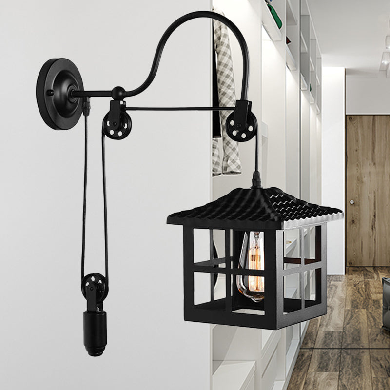 Square/Rectangle Cage Indoor Wall Lamp Farmhouse Style Metal 1 Light Black Wall Mounted Light with Pulley Clearhalo 'Art deco wall lights' 'Cast Iron' 'Glass' 'Industrial wall lights' 'Industrial' 'Middle century wall lights' 'Modern' 'Rustic wall lights' 'Tiffany' 'Traditional wall lights' 'Wall Lamps & Sconces' 'Wall Lights' Lighting' 248138
