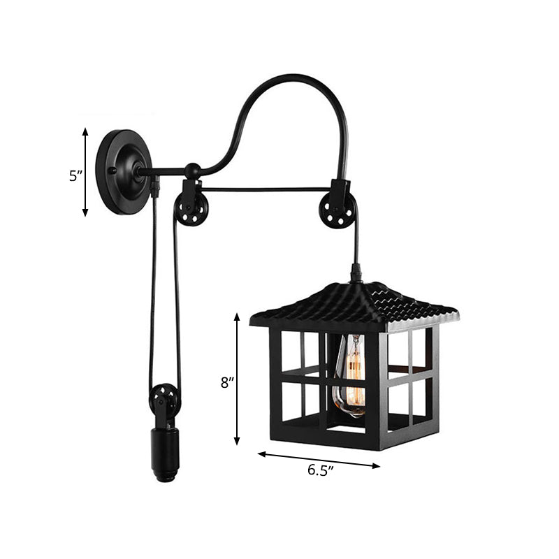 Square/Rectangle Cage Indoor Wall Lamp Farmhouse Style Metal 1 Light Black Wall Mounted Light with Pulley Clearhalo 'Art deco wall lights' 'Cast Iron' 'Glass' 'Industrial wall lights' 'Industrial' 'Middle century wall lights' 'Modern' 'Rustic wall lights' 'Tiffany' 'Traditional wall lights' 'Wall Lamps & Sconces' 'Wall Lights' Lighting' 248139