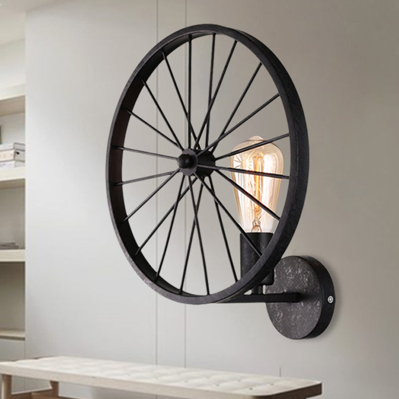 Bare Bulb Living Room Wall Lighting Fixture with Wheel Design Industrial Style Metal 1 Light Black/White/Red Wall Lamp Black Clearhalo 'Art deco wall lights' 'Cast Iron' 'Glass' 'Industrial wall lights' 'Industrial' 'Middle century wall lights' 'Modern' 'Rustic wall lights' 'Tiffany' 'Traditional wall lights' 'Wall Lamps & Sconces' 'Wall Lights' Lighting' 248140