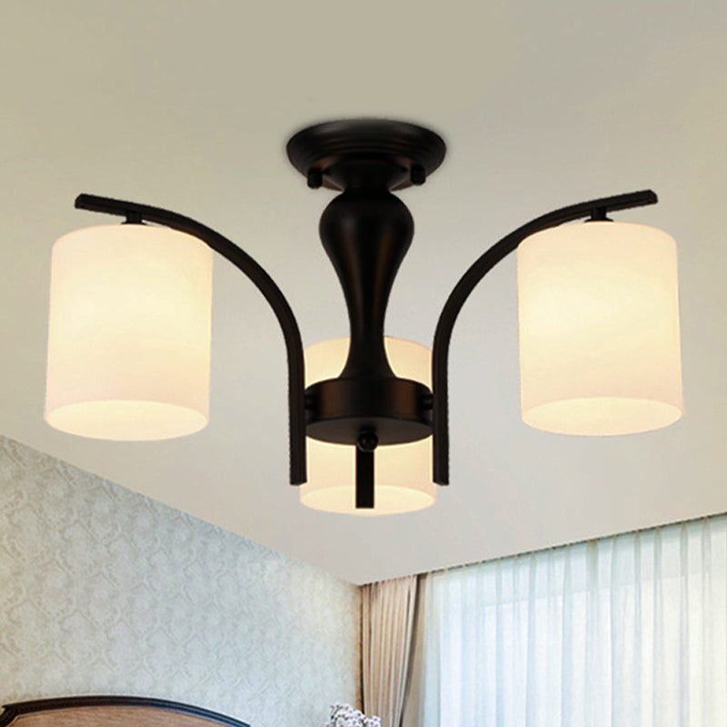 3/5/6 Lights Semi Flush Mount Traditional Cylinder Frosted Glass Ceiling Light in Black for Bedroom 3 Black Clearhalo 'Ceiling Lights' 'Close To Ceiling Lights' 'Close to ceiling' 'Glass shade' 'Glass' 'Semi-flushmount' Lighting' 248176