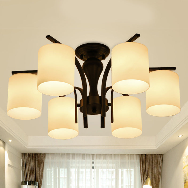 3/5/6 Lights Semi Flush Mount Traditional Cylinder Frosted Glass Ceiling Light in Black for Bedroom Clearhalo 'Ceiling Lights' 'Close To Ceiling Lights' 'Close to ceiling' 'Glass shade' 'Glass' 'Semi-flushmount' Lighting' 248179