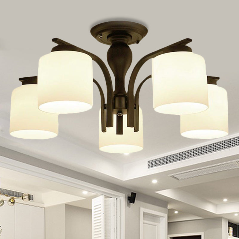 3/5/6 Lights Semi Flush Mount Traditional Cylinder Frosted Glass Ceiling Light in Black for Bedroom 5 Black Clearhalo 'Ceiling Lights' 'Close To Ceiling Lights' 'Close to ceiling' 'Glass shade' 'Glass' 'Semi-flushmount' Lighting' 248182