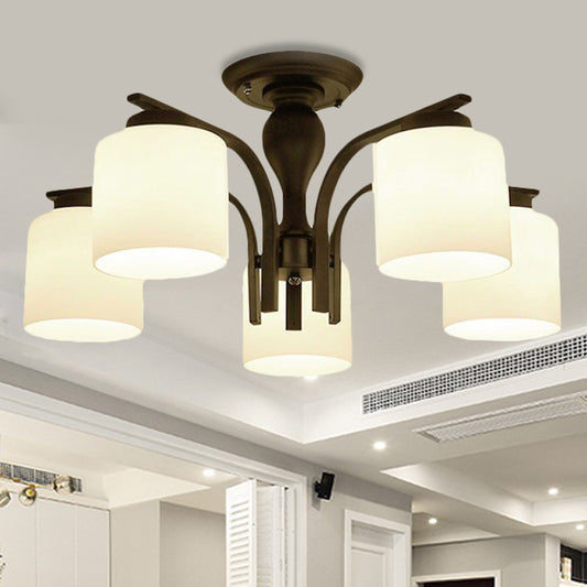 3/5/6 Lights Semi Flush Mount Traditional Cylinder Frosted Glass Ceiling Light in Black for Bedroom 5 Black Clearhalo 'Ceiling Lights' 'Close To Ceiling Lights' 'Close to ceiling' 'Glass shade' 'Glass' 'Semi-flushmount' Lighting' 248182