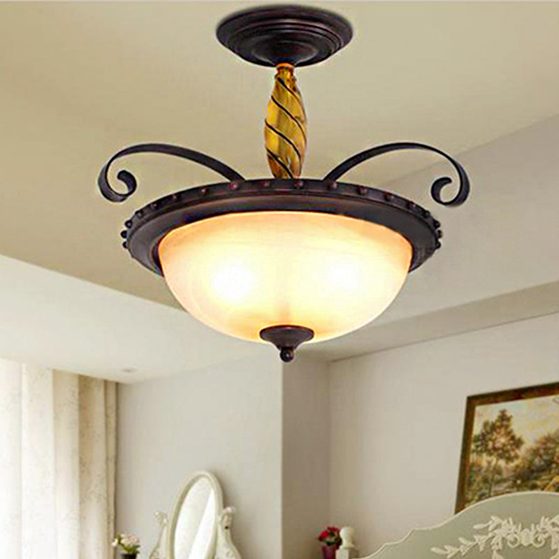 Brown Bowl Semi Flush Light Traditional Frosted Glass 3 Lights Bedroom Ceiling Lamp Brown Clearhalo 'Ceiling Lights' 'Close To Ceiling Lights' 'Close to ceiling' 'Glass shade' 'Glass' 'Semi-flushmount' Lighting' 248192