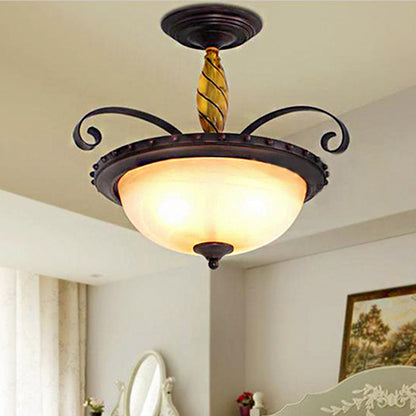 Brown Bowl Semi Flush Light Traditional Frosted Glass 3 Lights Bedroom Ceiling Lamp Brown Clearhalo 'Ceiling Lights' 'Close To Ceiling Lights' 'Close to ceiling' 'Glass shade' 'Glass' 'Semi-flushmount' Lighting' 248192