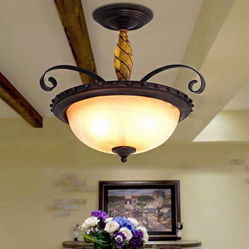 Brown Bowl Semi Flush Light Traditional Frosted Glass 3 Lights Bedroom Ceiling Lamp Clearhalo 'Ceiling Lights' 'Close To Ceiling Lights' 'Close to ceiling' 'Glass shade' 'Glass' 'Semi-flushmount' Lighting' 248193