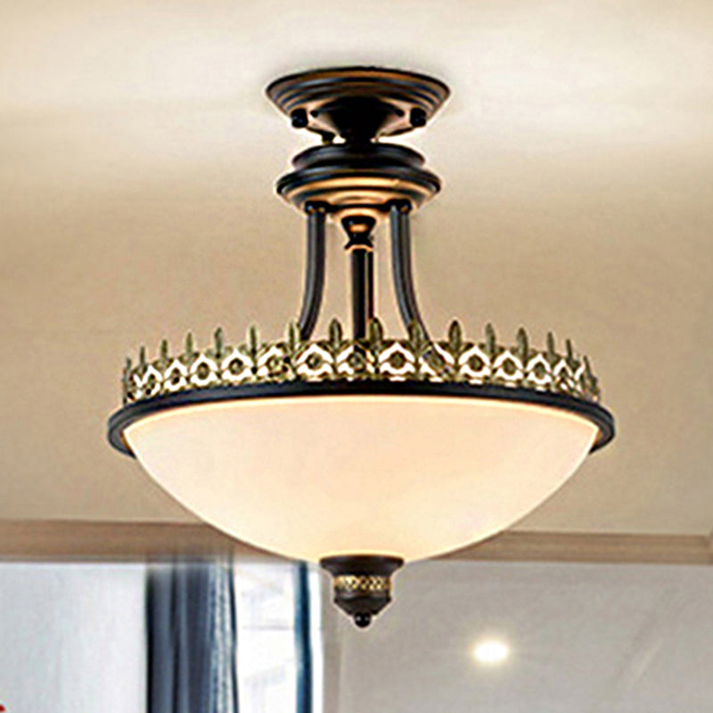 3 Lights Semi Flush Mount Traditional Bowl Shaped Frosted Glass Ceiling Light in White for Living Room Clearhalo 'Ceiling Lights' 'Close To Ceiling Lights' 'Close to ceiling' 'Glass shade' 'Glass' 'Semi-flushmount' Lighting' 248196