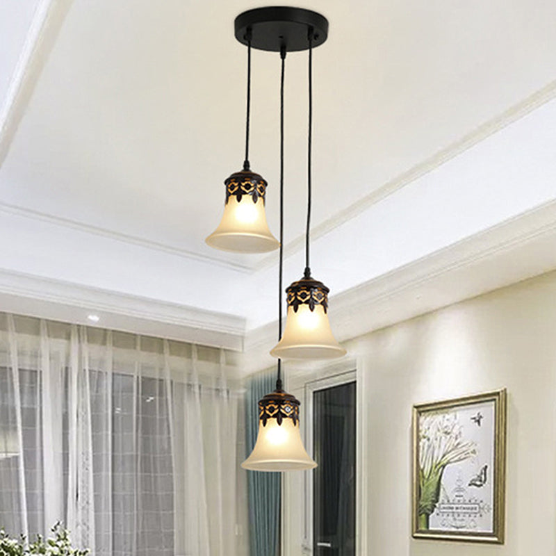 Black Bell Cluster Pendant Traditional Frosted Glass 3 Lights Living Room Hanging Lamp Clearhalo 'Ceiling Lights' 'Glass shade' 'Glass' 'Pendant Lights' 'Pendants' Lighting' 248206