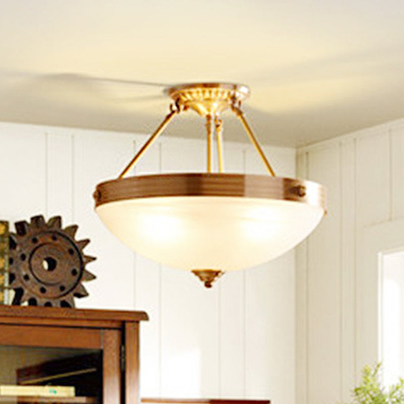 Gold 3 Lights Ceiling Mount Traditional Frosted Glass Bowl Shaped Semi Flush Light for Dining Room, 12"/16"/19.5" Wide Clearhalo 'Ceiling Lights' 'Close To Ceiling Lights' 'Close to ceiling' 'Glass shade' 'Glass' 'Semi-flushmount' Lighting' 248208