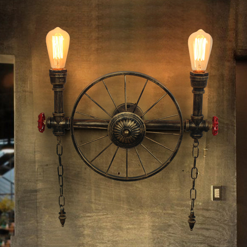 1/2-Head Bare Bulb Wall Mount Light Industrial Style Silver/Bronze/Antique Brass Wrought Iron Wall Lighting with Wheel Decoration 2.0 Bronze Clearhalo 'Art deco wall lights' 'Cast Iron' 'Glass' 'Industrial wall lights' 'Industrial' 'Middle century wall lights' 'Modern' 'Rustic wall lights' 'Tiffany' 'Traditional wall lights' 'Wall Lamps & Sconces' 'Wall Lights' Lighting' 248224