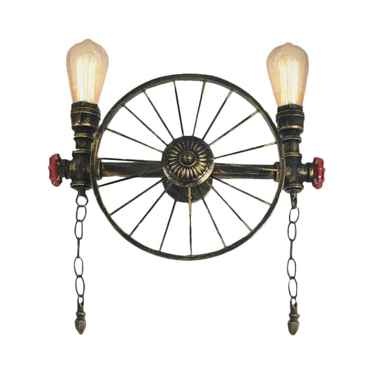 1/2-Head Bare Bulb Wall Mount Light Industrial Style Silver/Bronze/Antique Brass Wrought Iron Wall Lighting with Wheel Decoration Clearhalo 'Art deco wall lights' 'Cast Iron' 'Glass' 'Industrial wall lights' 'Industrial' 'Middle century wall lights' 'Modern' 'Rustic wall lights' 'Tiffany' 'Traditional wall lights' 'Wall Lamps & Sconces' 'Wall Lights' Lighting' 248225