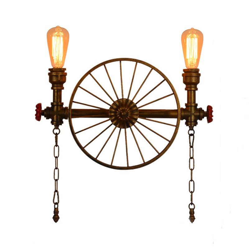 1/2-Head Bare Bulb Wall Mount Light Industrial Style Silver/Bronze/Antique Brass Wrought Iron Wall Lighting with Wheel Decoration Clearhalo 'Art deco wall lights' 'Cast Iron' 'Glass' 'Industrial wall lights' 'Industrial' 'Middle century wall lights' 'Modern' 'Rustic wall lights' 'Tiffany' 'Traditional wall lights' 'Wall Lamps & Sconces' 'Wall Lights' Lighting' 248228