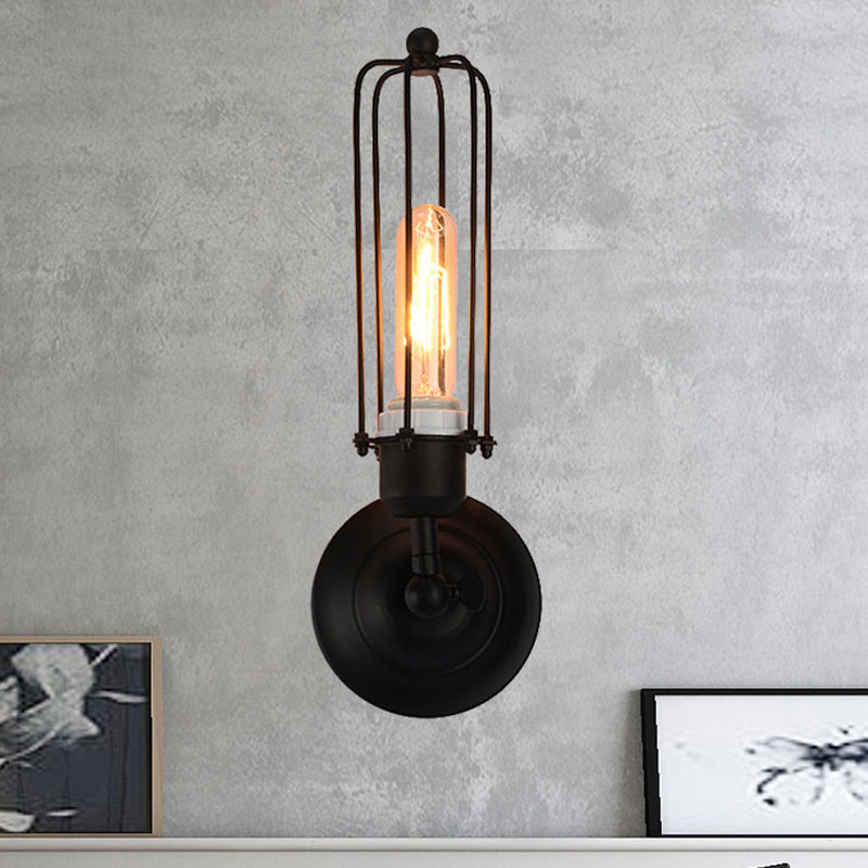 1/2-Bulb Linear Cage Sconce Lamp Industrial Black/Rust Metal Wall Light Fixture for Living Room 1.0 Black Clearhalo 'Art deco wall lights' 'Cast Iron' 'Glass' 'Industrial wall lights' 'Industrial' 'Middle century wall lights' 'Modern' 'Rustic wall lights' 'Tiffany' 'Traditional wall lights' 'Wall Lamps & Sconces' 'Wall Lights' Lighting' 248282