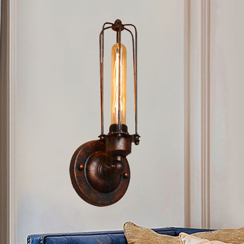 1/2-Bulb Linear Cage Sconce Lamp Industrial Black/Rust Metal Wall Light Fixture for Living Room 1.0 Rust Clearhalo 'Art deco wall lights' 'Cast Iron' 'Glass' 'Industrial wall lights' 'Industrial' 'Middle century wall lights' 'Modern' 'Rustic wall lights' 'Tiffany' 'Traditional wall lights' 'Wall Lamps & Sconces' 'Wall Lights' Lighting' 248284