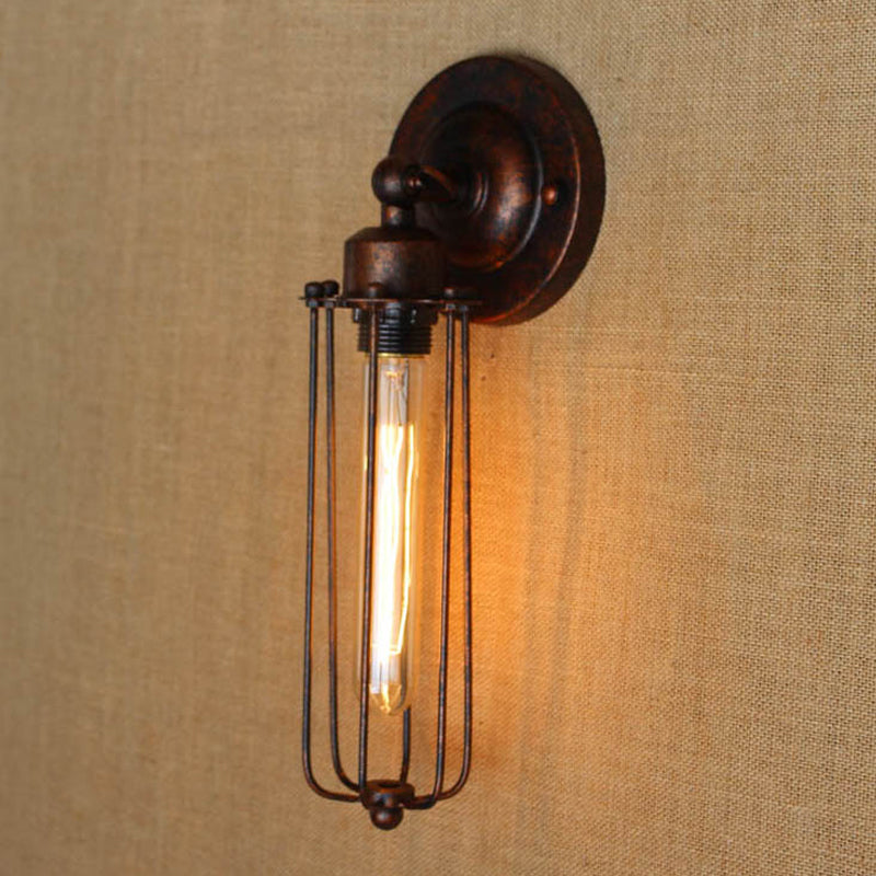 1/2-Bulb Linear Cage Sconce Lamp Industrial Black/Rust Metal Wall Light Fixture for Living Room Clearhalo 'Art deco wall lights' 'Cast Iron' 'Glass' 'Industrial wall lights' 'Industrial' 'Middle century wall lights' 'Modern' 'Rustic wall lights' 'Tiffany' 'Traditional wall lights' 'Wall Lamps & Sconces' 'Wall Lights' Lighting' 248286