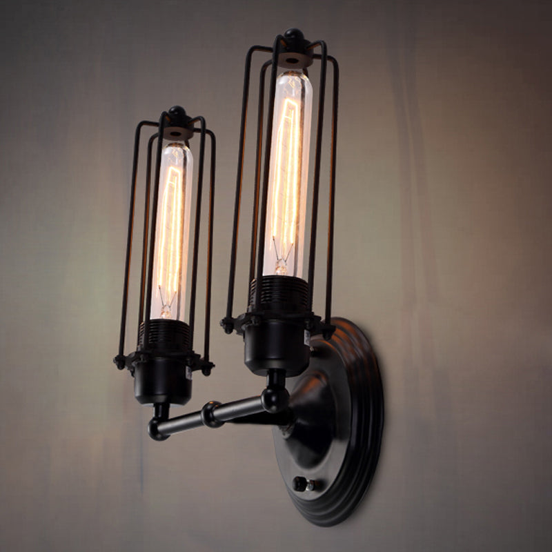 1/2-Bulb Linear Cage Sconce Lamp Industrial Black/Rust Metal Wall Light Fixture for Living Room Clearhalo 'Art deco wall lights' 'Cast Iron' 'Glass' 'Industrial wall lights' 'Industrial' 'Middle century wall lights' 'Modern' 'Rustic wall lights' 'Tiffany' 'Traditional wall lights' 'Wall Lamps & Sconces' 'Wall Lights' Lighting' 248289