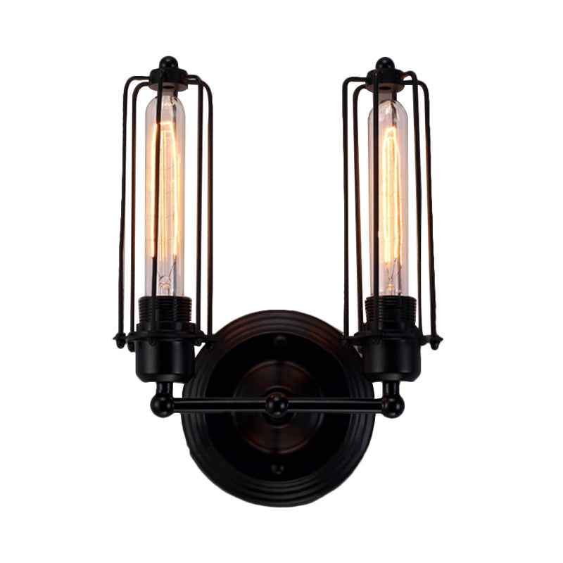 1/2-Bulb Linear Cage Sconce Lamp Industrial Black/Rust Metal Wall Light Fixture for Living Room Clearhalo 'Art deco wall lights' 'Cast Iron' 'Glass' 'Industrial wall lights' 'Industrial' 'Middle century wall lights' 'Modern' 'Rustic wall lights' 'Tiffany' 'Traditional wall lights' 'Wall Lamps & Sconces' 'Wall Lights' Lighting' 248290