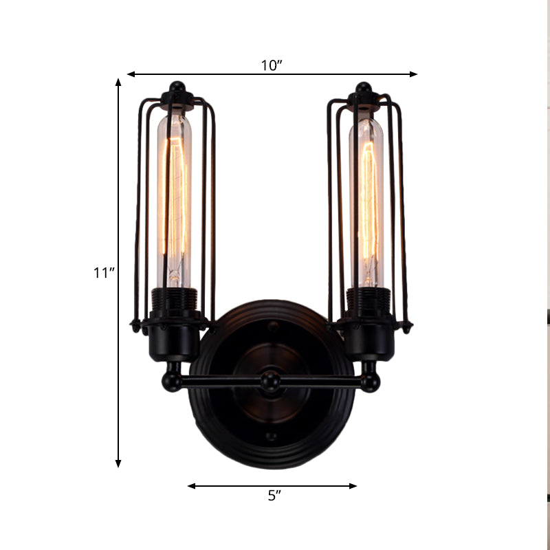 1/2-Bulb Linear Cage Sconce Lamp Industrial Black/Rust Metal Wall Light Fixture for Living Room Clearhalo 'Art deco wall lights' 'Cast Iron' 'Glass' 'Industrial wall lights' 'Industrial' 'Middle century wall lights' 'Modern' 'Rustic wall lights' 'Tiffany' 'Traditional wall lights' 'Wall Lamps & Sconces' 'Wall Lights' Lighting' 248291