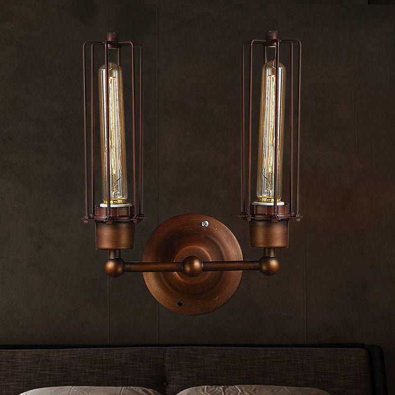 1/2/4-Light Cage Wall Sconce Lighting with Tube Shape Industrial Bronze Wrought Iron Wall Lamp for Dining Table 2.0 Bronze Clearhalo 'Art deco wall lights' 'Cast Iron' 'Glass' 'Industrial wall lights' 'Industrial' 'Middle century wall lights' 'Modern' 'Rustic wall lights' 'Tiffany' 'Traditional wall lights' 'Wall Lamps & Sconces' 'Wall Lights' Lighting' 248309