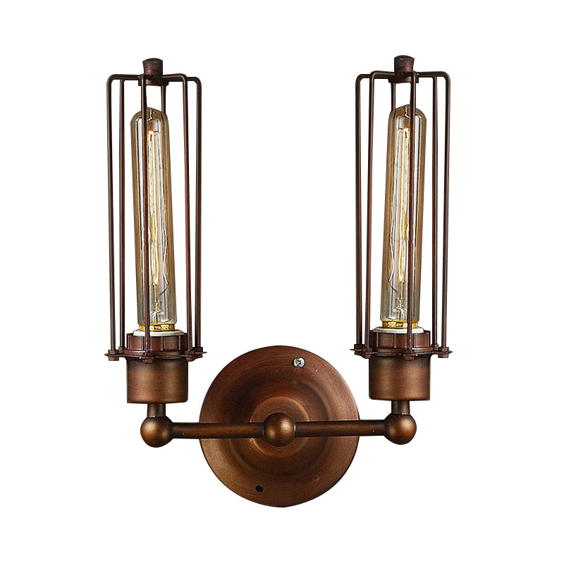 1/2/4-Light Cage Wall Sconce Lighting with Tube Shape Industrial Bronze Wrought Iron Wall Lamp for Dining Table Clearhalo 'Art deco wall lights' 'Cast Iron' 'Glass' 'Industrial wall lights' 'Industrial' 'Middle century wall lights' 'Modern' 'Rustic wall lights' 'Tiffany' 'Traditional wall lights' 'Wall Lamps & Sconces' 'Wall Lights' Lighting' 248311