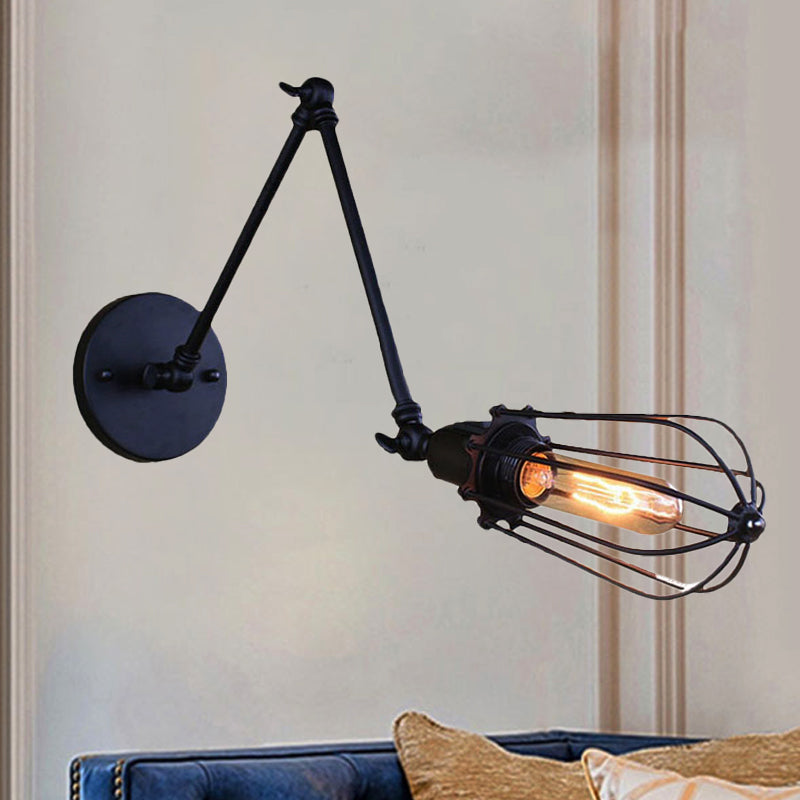 1 Light Arm Adjustable Wall Lighting with Cage Shade Loft Style Black/Brass/Aged Brass Wall Mount Light over Table Black Clearhalo 'Art deco wall lights' 'Cast Iron' 'Glass' 'Industrial wall lights' 'Industrial' 'Middle century wall lights' 'Modern' 'Rustic wall lights' 'Tiffany' 'Traditional wall lights' 'Wall Lamps & Sconces' 'Wall Lights' Lighting' 248337