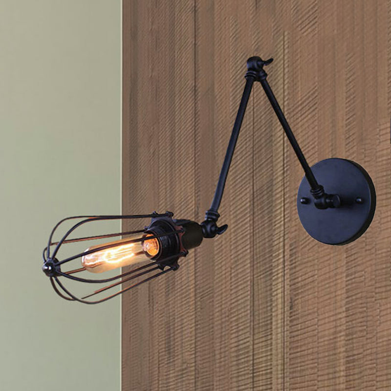 1 Light Arm Adjustable Wall Lighting with Cage Shade Loft Style Black/Brass/Aged Brass Wall Mount Light over Table Clearhalo 'Art deco wall lights' 'Cast Iron' 'Glass' 'Industrial wall lights' 'Industrial' 'Middle century wall lights' 'Modern' 'Rustic wall lights' 'Tiffany' 'Traditional wall lights' 'Wall Lamps & Sconces' 'Wall Lights' Lighting' 248338