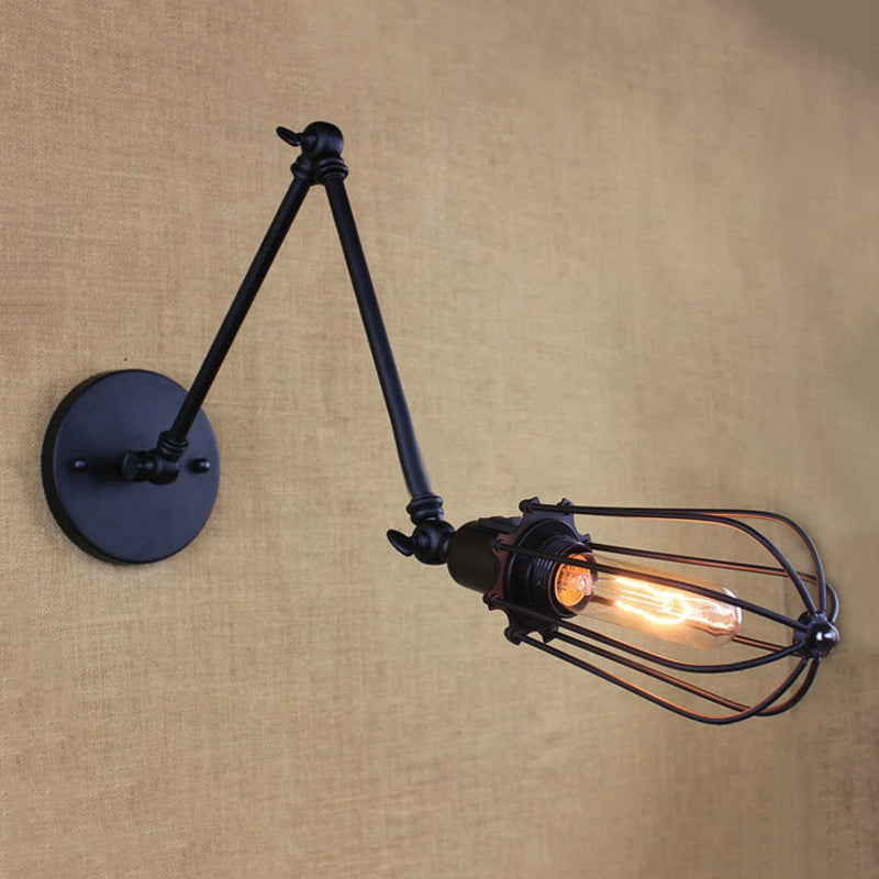 1 Light Arm Adjustable Wall Lighting with Cage Shade Loft Style Black/Brass/Aged Brass Wall Mount Light over Table Clearhalo 'Art deco wall lights' 'Cast Iron' 'Glass' 'Industrial wall lights' 'Industrial' 'Middle century wall lights' 'Modern' 'Rustic wall lights' 'Tiffany' 'Traditional wall lights' 'Wall Lamps & Sconces' 'Wall Lights' Lighting' 248339