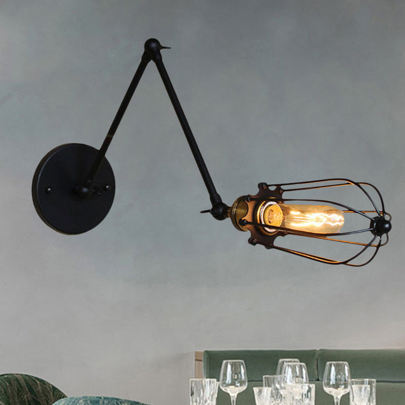 1 Light Arm Adjustable Wall Lighting with Cage Shade Loft Style Black/Brass/Aged Brass Wall Mount Light over Table Antique Brass Clearhalo 'Art deco wall lights' 'Cast Iron' 'Glass' 'Industrial wall lights' 'Industrial' 'Middle century wall lights' 'Modern' 'Rustic wall lights' 'Tiffany' 'Traditional wall lights' 'Wall Lamps & Sconces' 'Wall Lights' Lighting' 248340