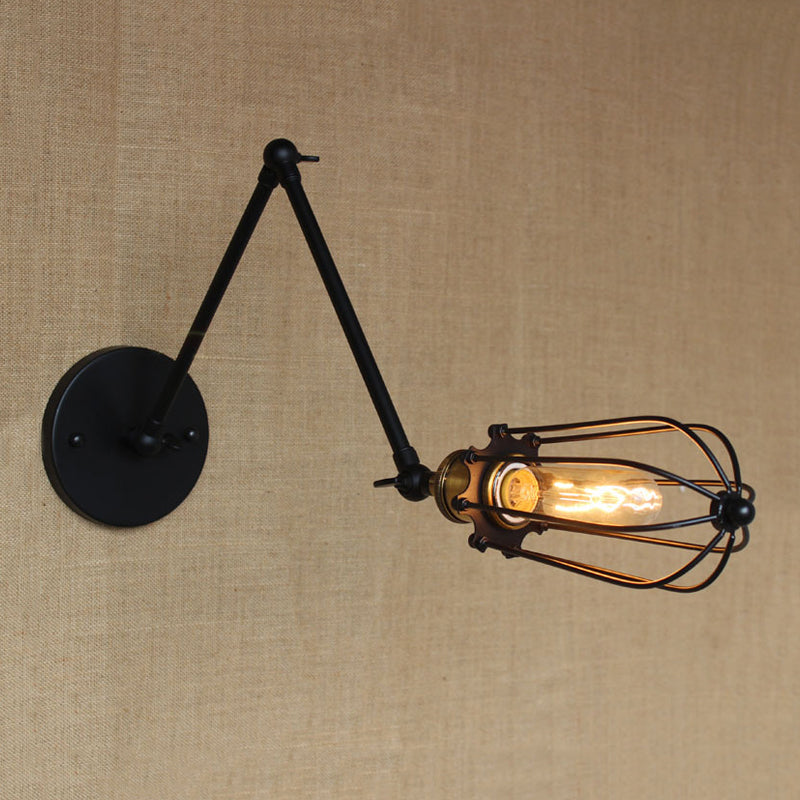 1 Light Arm Adjustable Wall Lighting with Cage Shade Loft Style Black/Brass/Aged Brass Wall Mount Light over Table Clearhalo 'Art deco wall lights' 'Cast Iron' 'Glass' 'Industrial wall lights' 'Industrial' 'Middle century wall lights' 'Modern' 'Rustic wall lights' 'Tiffany' 'Traditional wall lights' 'Wall Lamps & Sconces' 'Wall Lights' Lighting' 248341