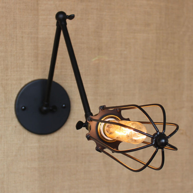 1 Light Arm Adjustable Wall Lighting with Cage Shade Loft Style Black/Brass/Aged Brass Wall Mount Light over Table Clearhalo 'Art deco wall lights' 'Cast Iron' 'Glass' 'Industrial wall lights' 'Industrial' 'Middle century wall lights' 'Modern' 'Rustic wall lights' 'Tiffany' 'Traditional wall lights' 'Wall Lamps & Sconces' 'Wall Lights' Lighting' 248342
