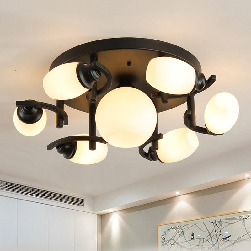 Oval White Glass Semi Flush Traditional 3/5/7 Lights Living Room Ceiling Light Fixture in Black 7 White Clearhalo 'Ceiling Lights' 'Close To Ceiling Lights' 'Close to ceiling' 'Glass shade' 'Glass' 'Semi-flushmount' Lighting' 248349