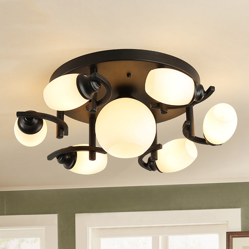 Oval White Glass Semi Flush Traditional 3/5/7 Lights Living Room Ceiling Light Fixture in Black Clearhalo 'Ceiling Lights' 'Close To Ceiling Lights' 'Close to ceiling' 'Glass shade' 'Glass' 'Semi-flushmount' Lighting' 248350