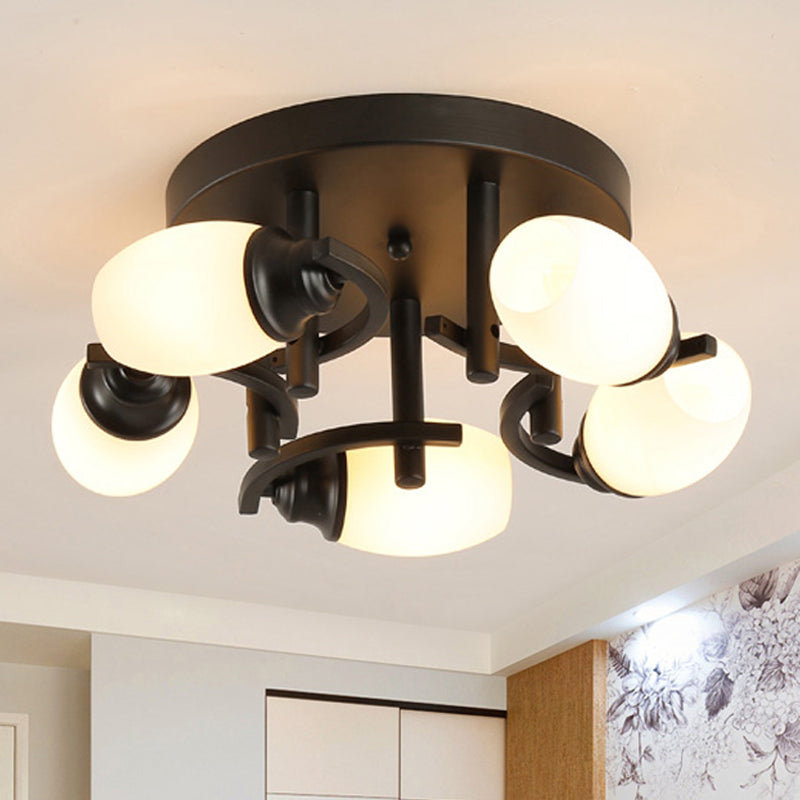 Oval White Glass Semi Flush Traditional 3/5/7 Lights Living Room Ceiling Light Fixture in Black 5 White Clearhalo 'Ceiling Lights' 'Close To Ceiling Lights' 'Close to ceiling' 'Glass shade' 'Glass' 'Semi-flushmount' Lighting' 248351
