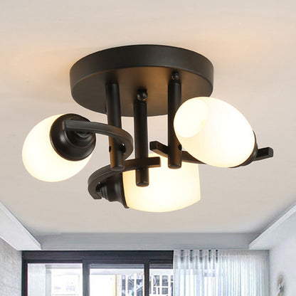 Oval White Glass Semi Flush Traditional 3/5/7 Lights Living Room Ceiling Light Fixture in Black 3 White Clearhalo 'Ceiling Lights' 'Close To Ceiling Lights' 'Close to ceiling' 'Glass shade' 'Glass' 'Semi-flushmount' Lighting' 248353