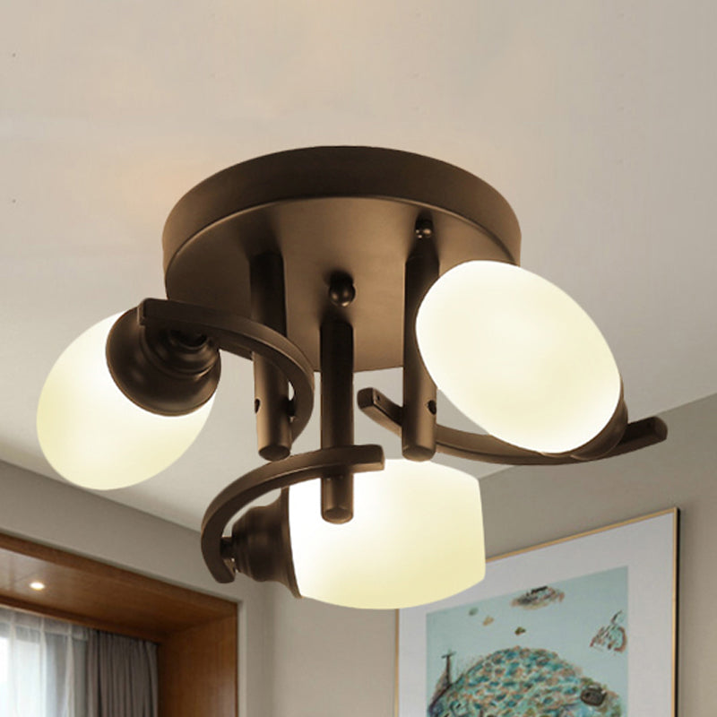 Oval White Glass Semi Flush Traditional 3/5/7 Lights Living Room Ceiling Light Fixture in Black Clearhalo 'Ceiling Lights' 'Close To Ceiling Lights' 'Close to ceiling' 'Glass shade' 'Glass' 'Semi-flushmount' Lighting' 248354