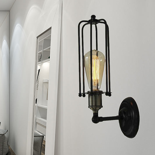 1 Head Wall Lamp Vintage Industrial Tubed Cage Shade Metal Mini Wall Light Fixture in Black for Corridor Clearhalo 'Art deco wall lights' 'Cast Iron' 'Glass' 'Industrial wall lights' 'Industrial' 'Middle century wall lights' 'Modern' 'Rustic wall lights' 'Tiffany' 'Traditional wall lights' 'Wall Lamps & Sconces' 'Wall Lights' Lighting' 248355