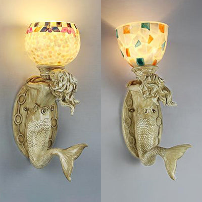 Shell Bowl/Dome Wall Lamp Rustic Tiffany 1 Light Sconce Light with Resin Mermaid in Beige Clearhalo 'Industrial' 'Middle century wall lights' 'Tiffany wall lights' 'Tiffany' 'Wall Lamps & Sconces' 'Wall Lights' Lighting' 24836