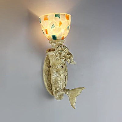 Shell Bowl/Dome Wall Lamp Rustic Tiffany 1 Light Sconce Light with Resin Mermaid in Beige Beige Dome Clearhalo 'Industrial' 'Middle century wall lights' 'Tiffany wall lights' 'Tiffany' 'Wall Lamps & Sconces' 'Wall Lights' Lighting' 24837