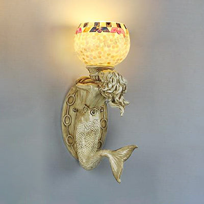 Shell Bowl/Dome Wall Lamp Rustic Tiffany 1 Light Sconce Light with Resin Mermaid in Beige Clearhalo 'Industrial' 'Middle century wall lights' 'Tiffany wall lights' 'Tiffany' 'Wall Lamps & Sconces' 'Wall Lights' Lighting' 24838
