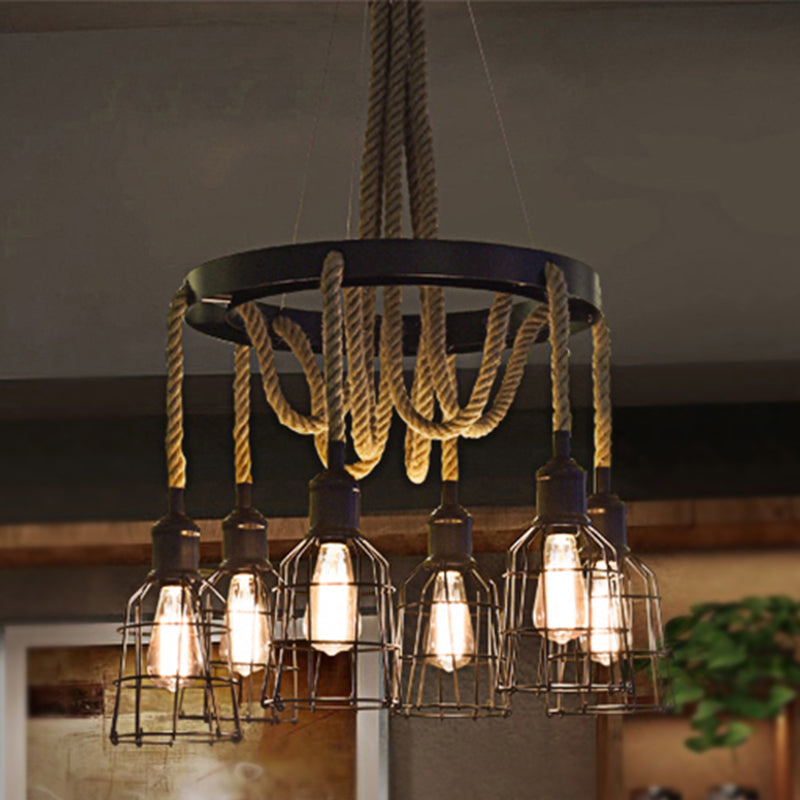 Black Multi Light Chandelier Pendant Light Vintage Style Metal Global/Bell Cage Pendant Lamp with Rope Black Bell Clearhalo 'Ceiling Lights' 'Chandeliers' 'Industrial Chandeliers' 'Industrial' 'Middle Century Chandeliers' 'Tiffany' Lighting' 248380