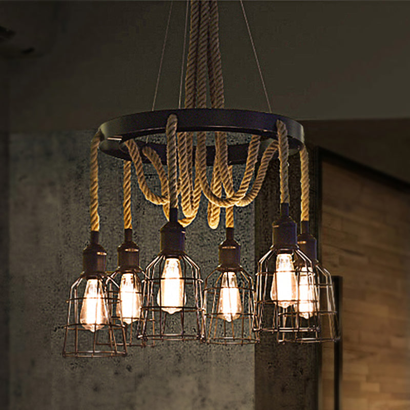 Black Multi Light Chandelier Pendant Light Vintage Style Metal Global/Bell Cage Pendant Lamp with Rope Clearhalo 'Ceiling Lights' 'Chandeliers' 'Industrial Chandeliers' 'Industrial' 'Middle Century Chandeliers' 'Tiffany' Lighting' 248381