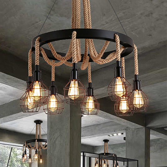 Black Multi Light Chandelier Pendant Light Vintage Style Metal Global/Bell Cage Pendant Lamp with Rope Black Globe Clearhalo 'Ceiling Lights' 'Chandeliers' 'Industrial Chandeliers' 'Industrial' 'Middle Century Chandeliers' 'Tiffany' Lighting' 248383
